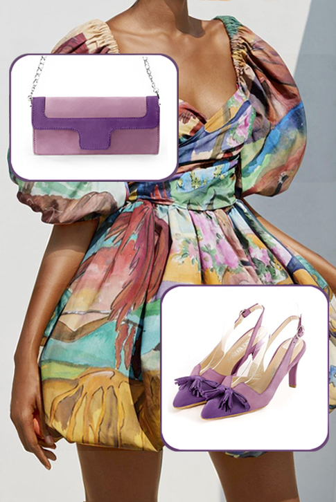 Women's amethyst purple and mauve purple elegant slingback heels, with a bow on the front. Tapered toe. High slim heel - Worn view